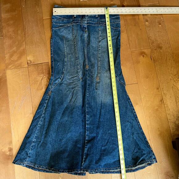 Vtg 90s BISOU BISOU Blue Faded Stretch Cotton Denim Mermaid Maxi Skirt 10 - Picture 9 of 11